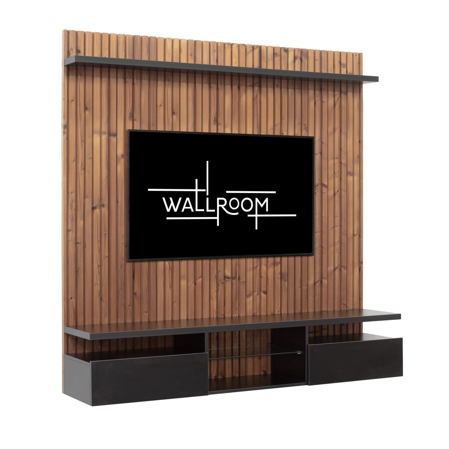 Modern living room wall featuring a sleek flat-screen tv surrounded by wooden paneling, with a floating TV stand (side view)