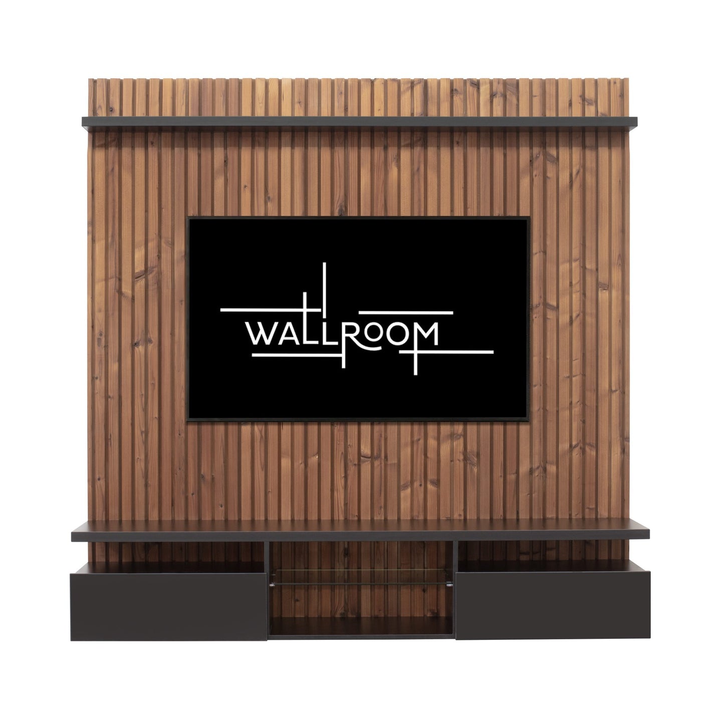 Modern living room wall featuring a sleek flat-screen tv surrounded by wooden paneling, with a floating TV stand (front view)