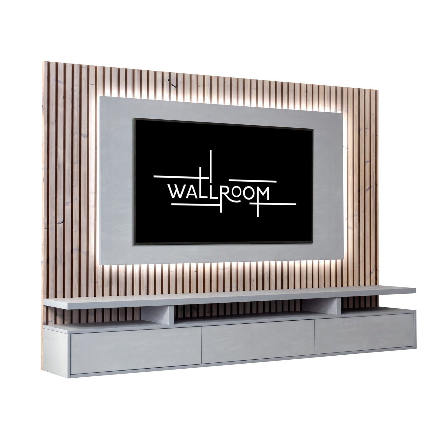 A modern wall-mounted tv unit set against a stylish wooden slat t tv panel with integrated LED lights (side view)