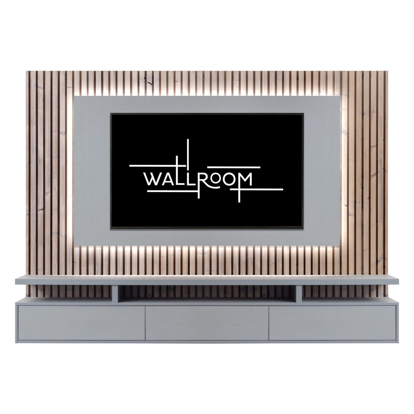 A modern wall-mounted tv unit set against a stylish wooden slat t tv panel with integrated LED lights (front view)