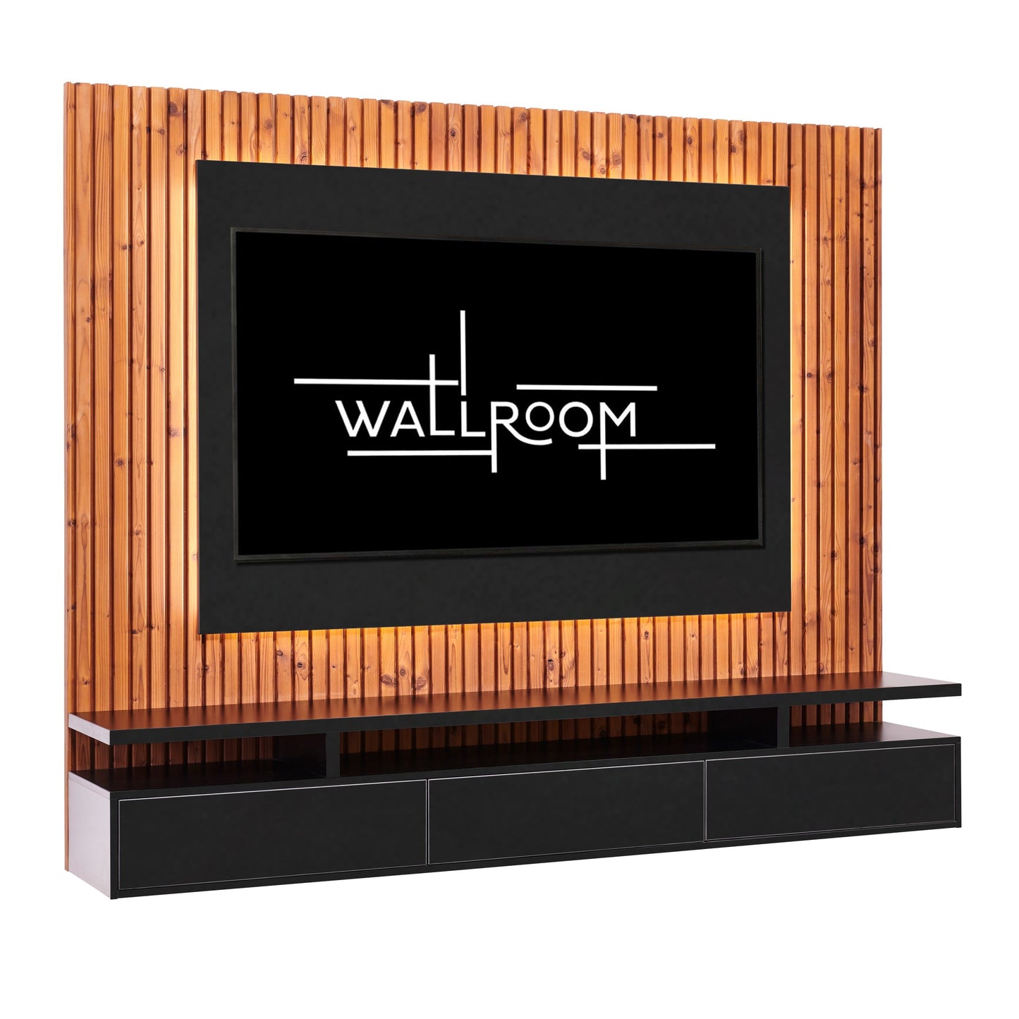 The solid oak slatted wood TV backboard offers a stylish backdrop for a wall-mounted TV stand, complete with a black TV shelf for storage (side view)