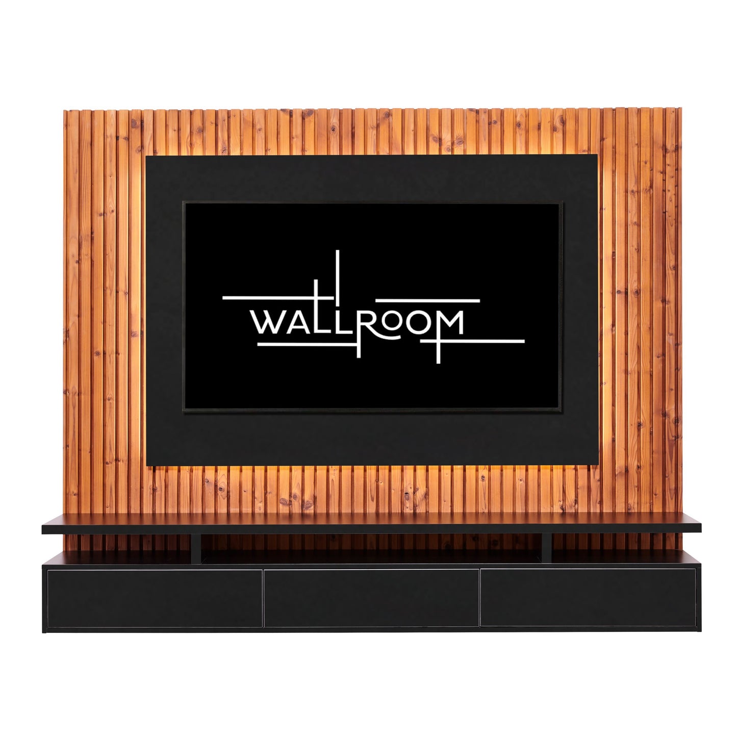 The solid oak slatted wood TV backboard offers a stylish backdrop for a wall-mounted TV stand, complete with a black TV shelf for storage (front view)
