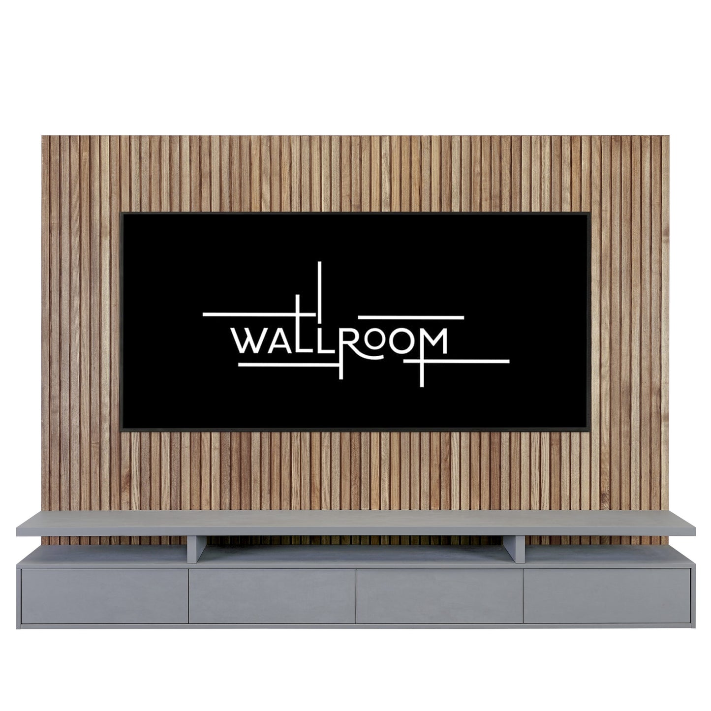 A modern living room featuring large flat-screen tv mounted on a minimalist gray floating tv stand, and includes a floating tv shelf for storage (front view)