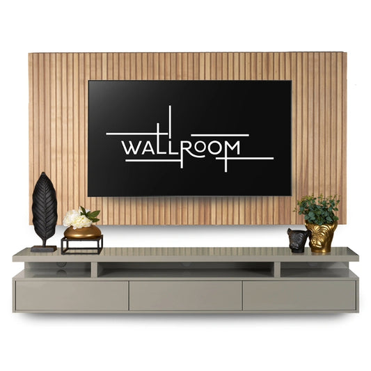 Arniston - Floating Shelf Under TV with Slatted Wood Panel
