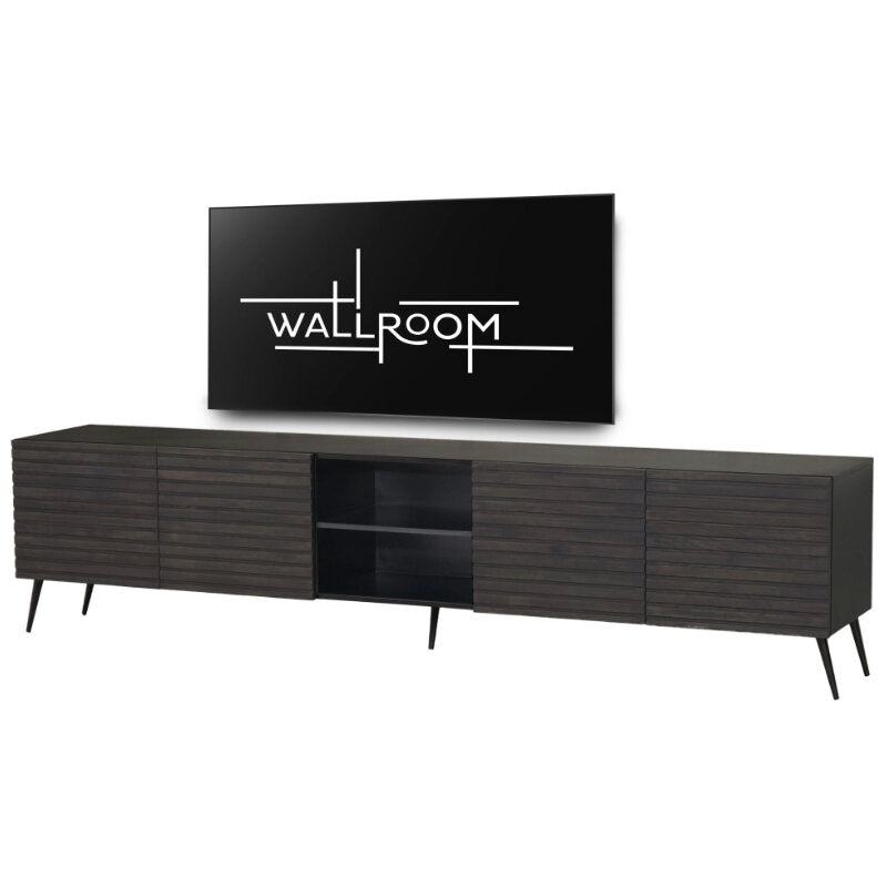 ultra modern setup featuring a sleek, black tv stand with a flat-screen tv mounted above it.