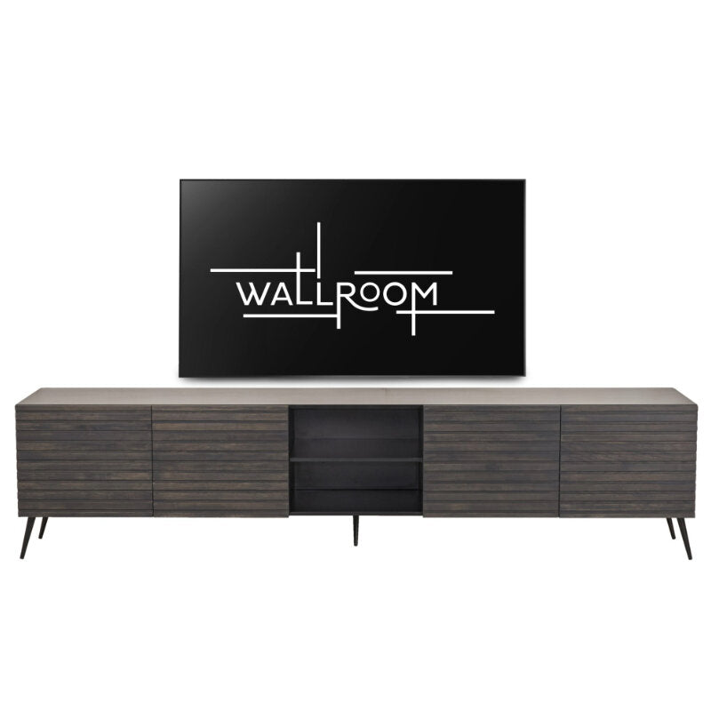 ultra modern setup featuring a sleek, black tv stand with a flat-screen tv mounted above it.
