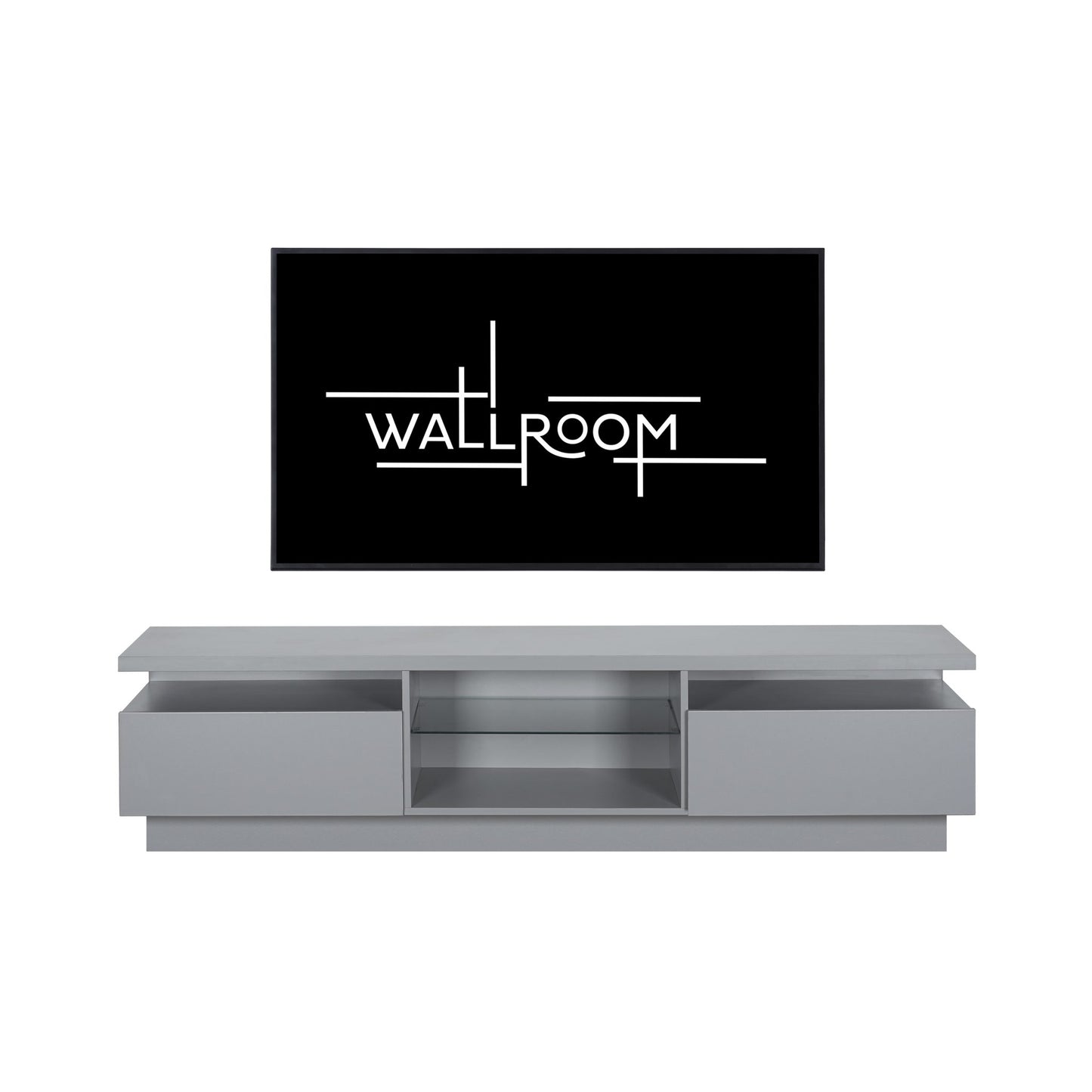 A sleek, modern living room features a wall-mounted flat-screen television above a minimalist gray floating tv shelf