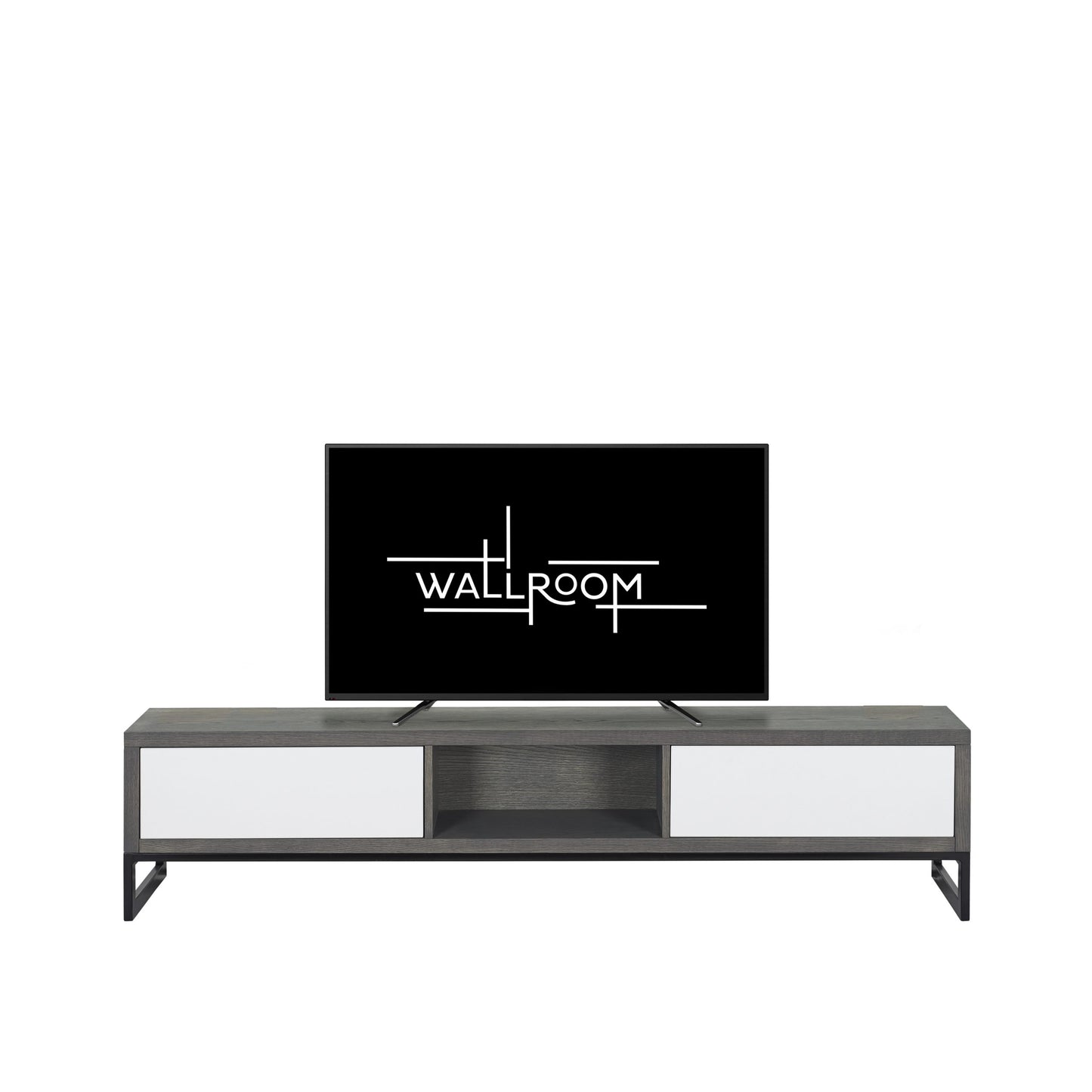 A modern living room setting with a sleek plasma table featuring an elegant black flat-screen tv.