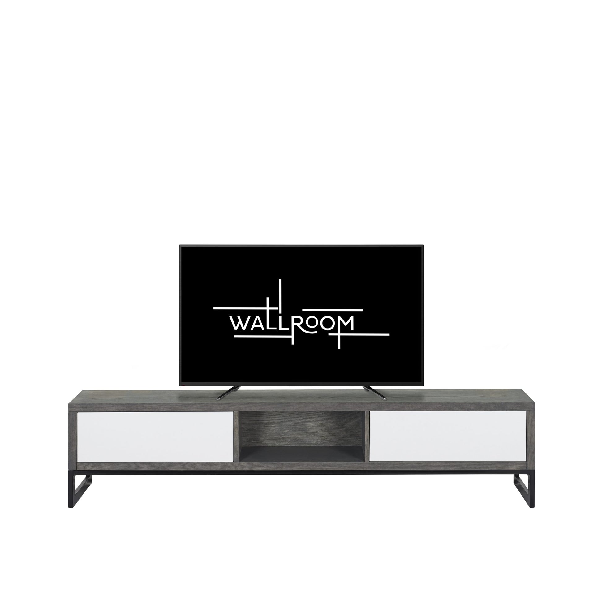 A modern living room setting with a sleek plasma table featuring an elegant black flat-screen tv.