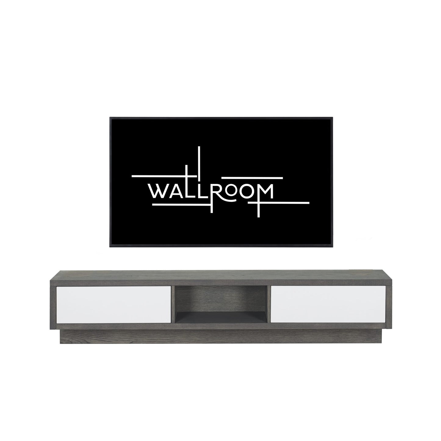 Modern bedroom interior with a wall-mounted tv, a floating tv console shelf. (front view)