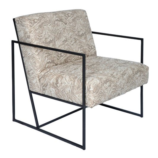 Steel-framed occasional chair in marble fabric with plush back and seat cushion