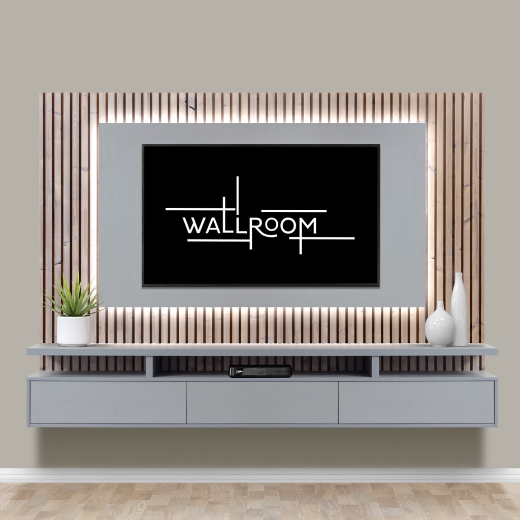 A modern living room features a sleek, floating wall-mounted TV unit, framed by an elegant wooden slat accent wall, complemented by a minimalist console and decorative vases with a touch of greenery