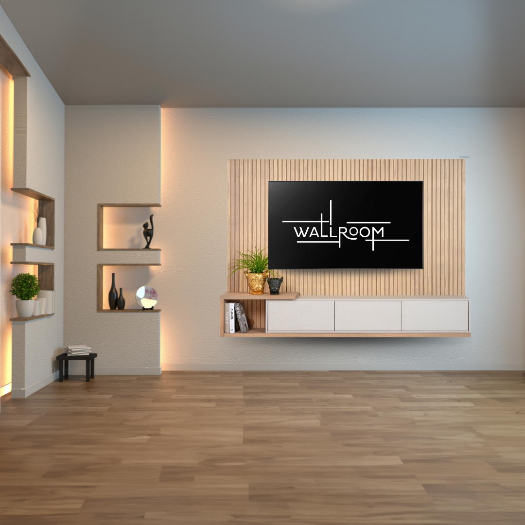 Modern living room with a wall-mounted TV displaying