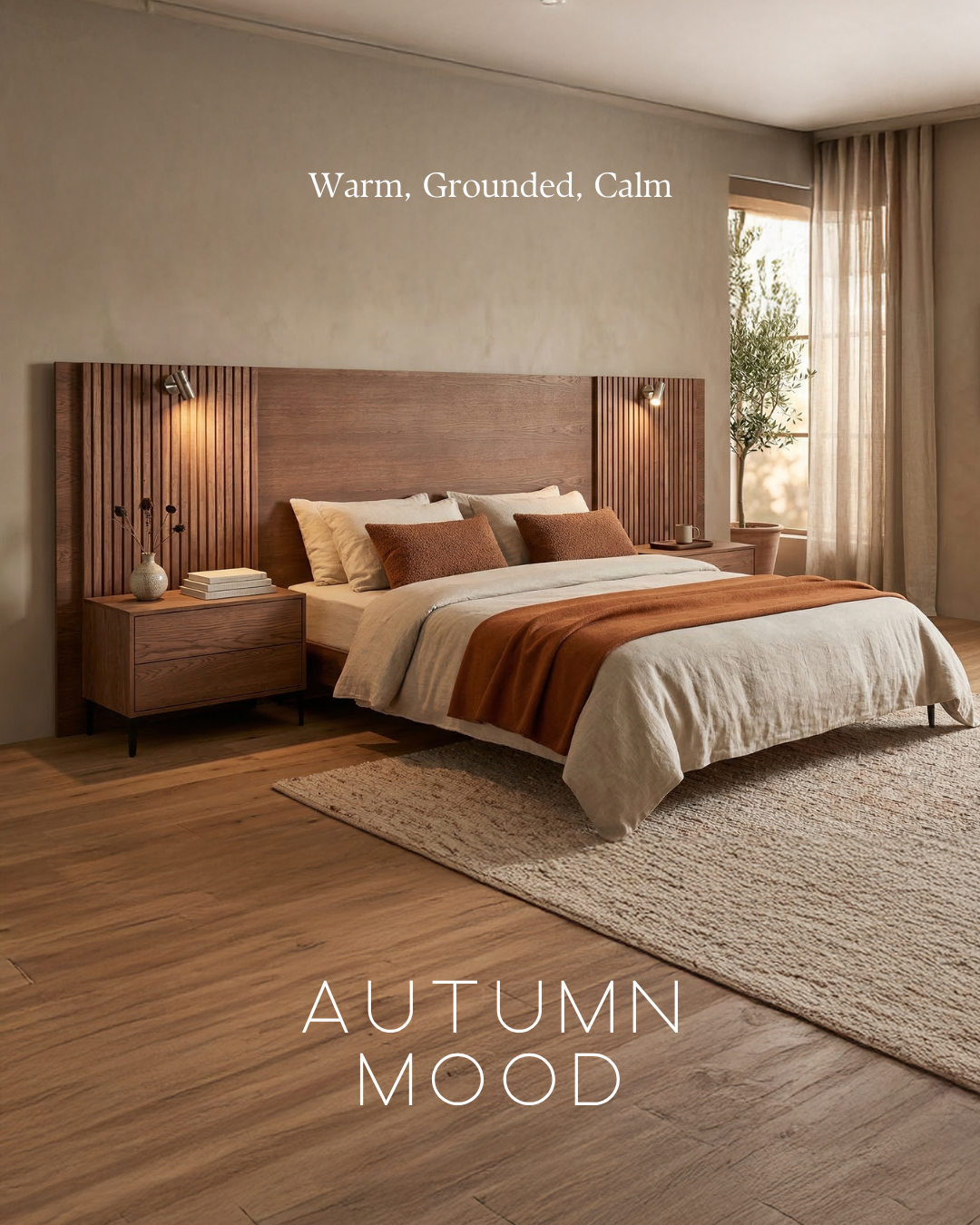 Cozy bedroom with wooden headboard and autumn-themed decor, featuring text 'Warm, Grounded, Calm'