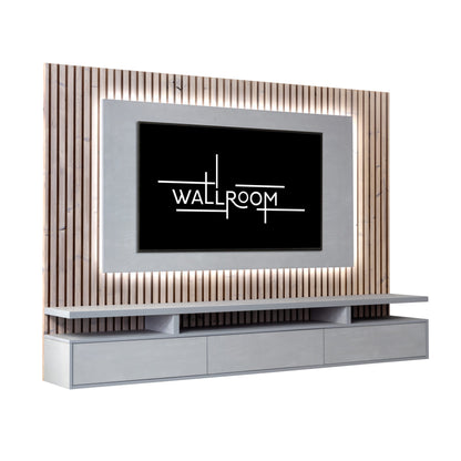 A modern wall-mounted tv unit set against a stylish wooden slat t tv panel with integrated LED lights  (side view)