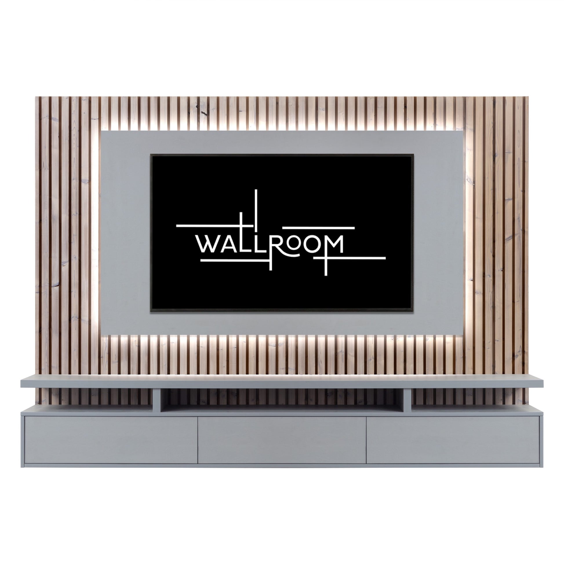 A modern wall-mounted tv unit set against a stylish wooden slat t tv panel with integrated LED lights  (front view)