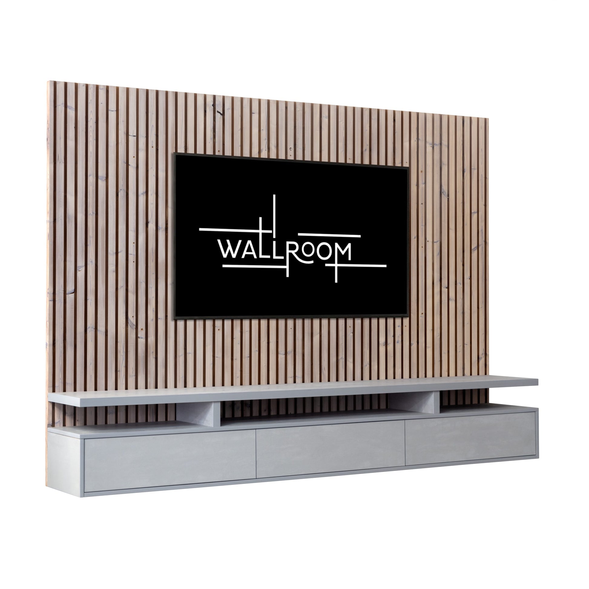 A modern wall-mounted TV unit on a slatted wood panel and includes a floating shelf for media storage (side view)