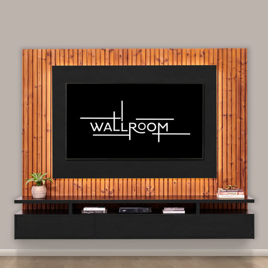 The solid oak slatted wood TV backboard offers a stylish backdrop for a wall-mounted TV stand, complete with a black TV shelf for storage