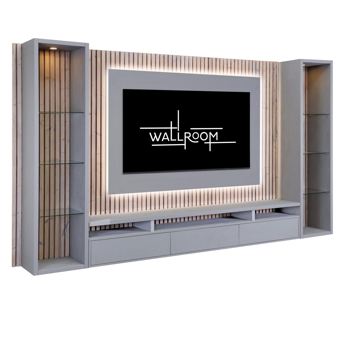 Modern floating wall unit for the living room, showcasing a slatted wood panel with LED lights. The floating TV stand is complemented by two display boxes, positioned above minimalist lower storage shelf (side view)