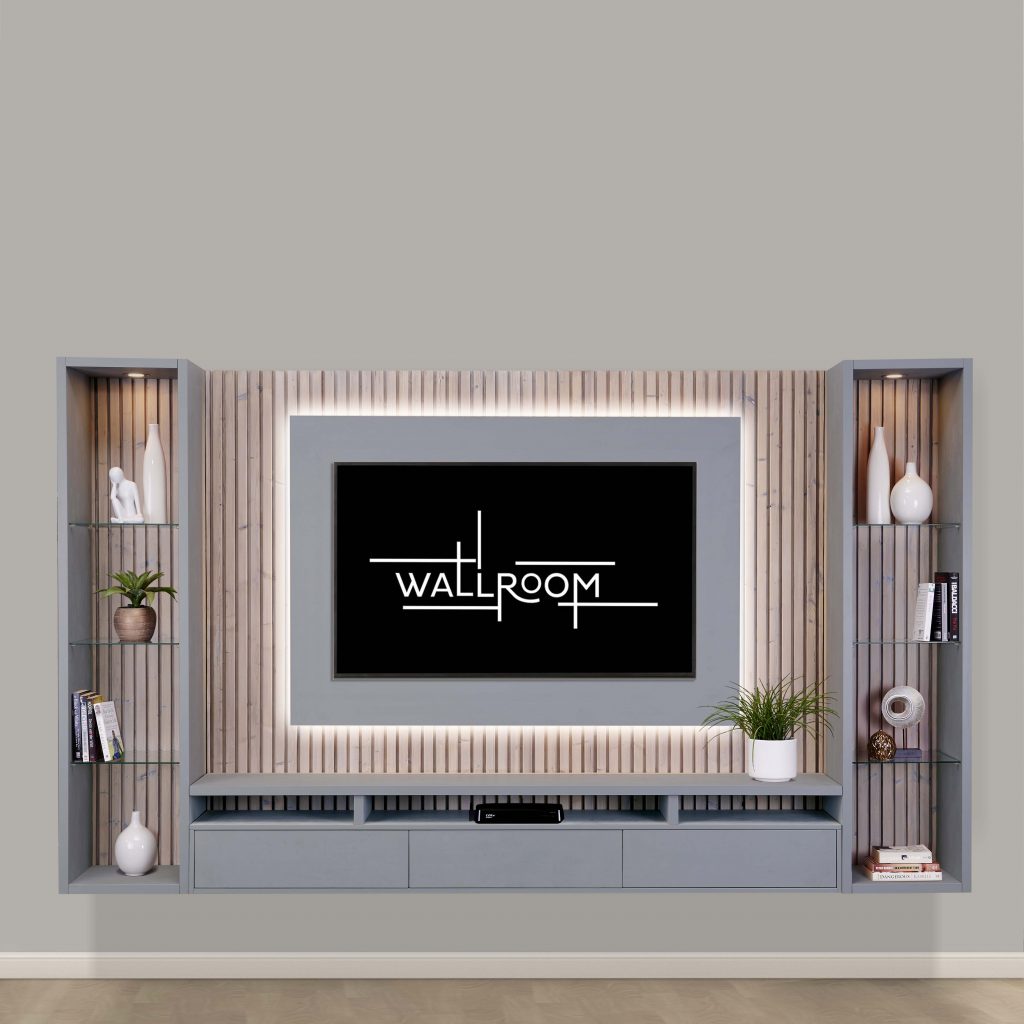 Modern living room with a wall mounted TV unit on slatted wood panel, decorative display boxes, floating tv shelf, and decorated with Wallroom accessories. 