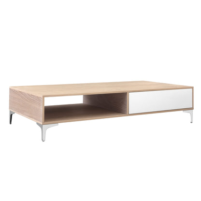 A modern, low-profile white coffee table with metal legs, featuring a single drawer (side view)