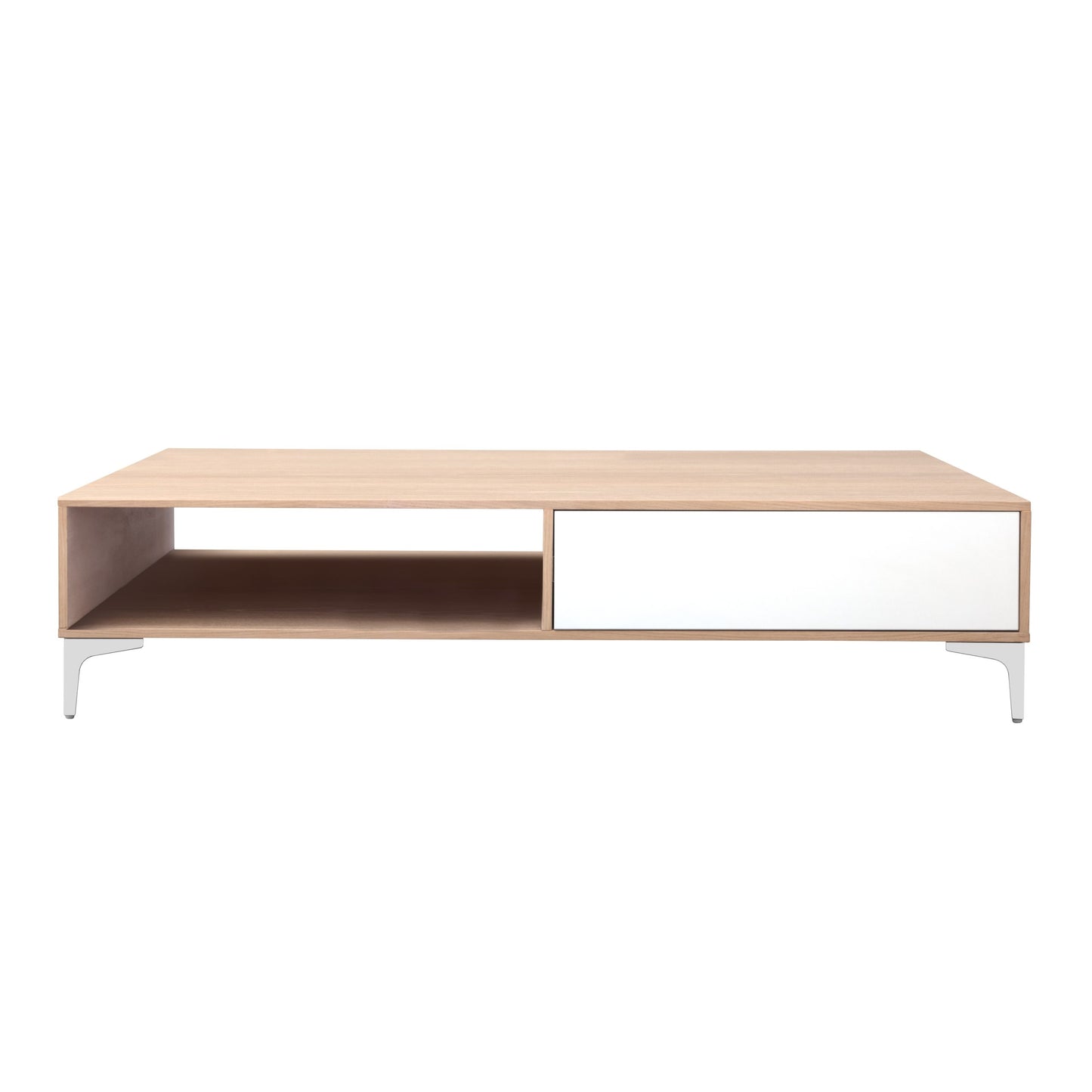 A modern, low-profile white coffee table with metal legs, featuring a single drawer (front view)