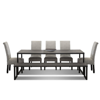 A modern dining table set for 6 with bench featuring a sleek, dark wooden table, six upholstered chairs with light fabric, and a coordinating bench, designed to accommodate multiple guests in a contemporary style (front view)