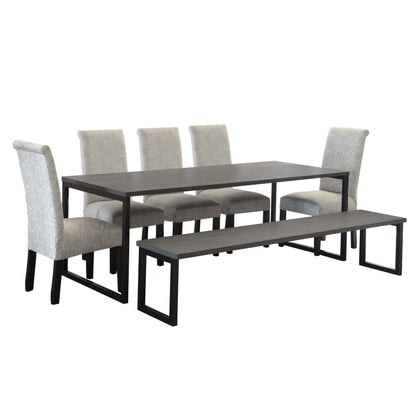 A modern dining table set for 6 with bench featuring a sleek, dark wooden table, six upholstered chairs with light fabric, and a coordinating bench, designed to accommodate multiple guests in a contemporary style (side view)