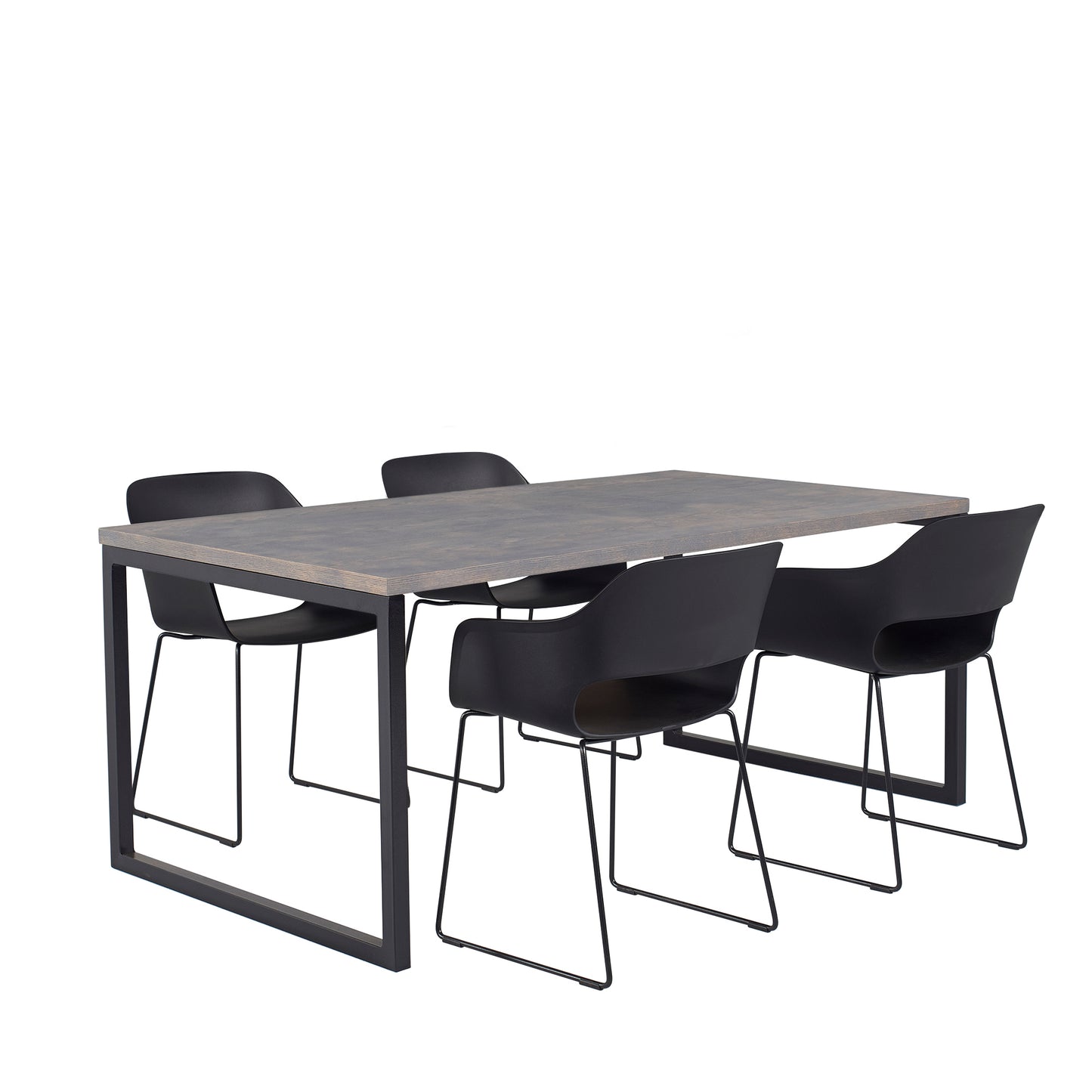 A modern dining table set for 4 with a dark wooden table, four black chairs with sleek frames (side view)