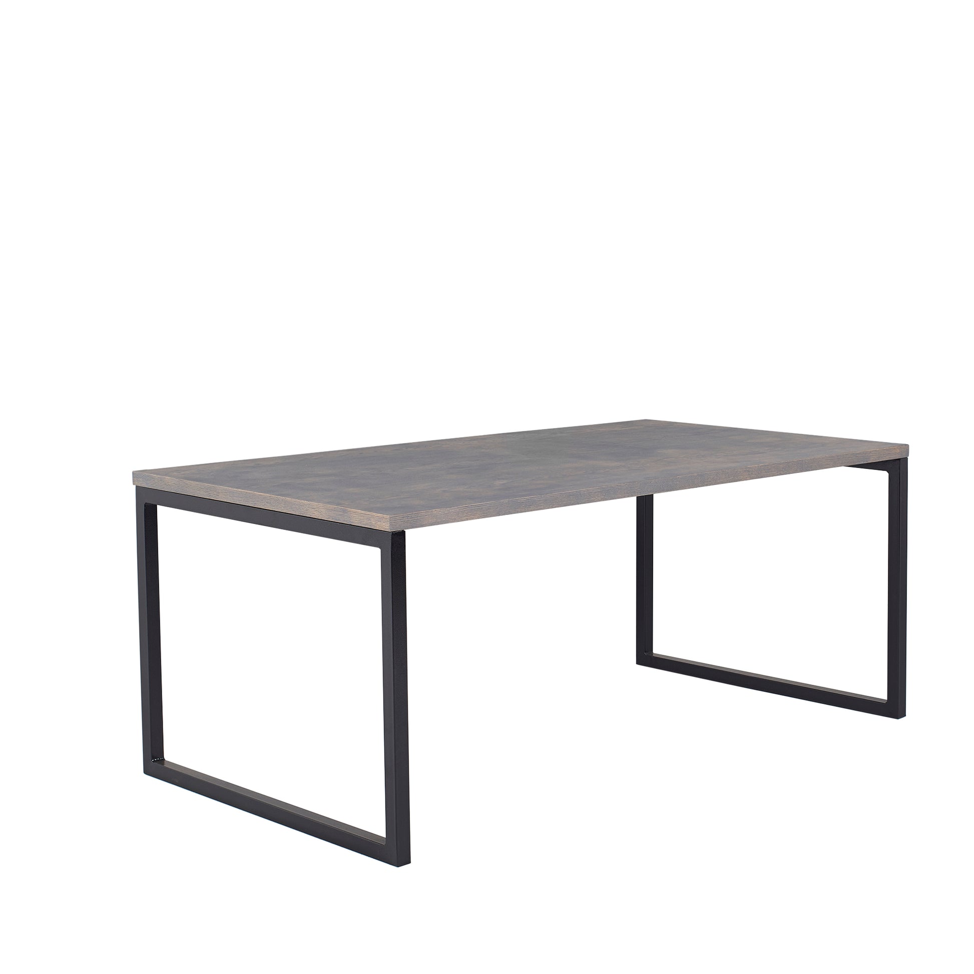 A modern, minimalist dining table with a dark wooden top and a sleek, black metal frame, isolated on a white background.