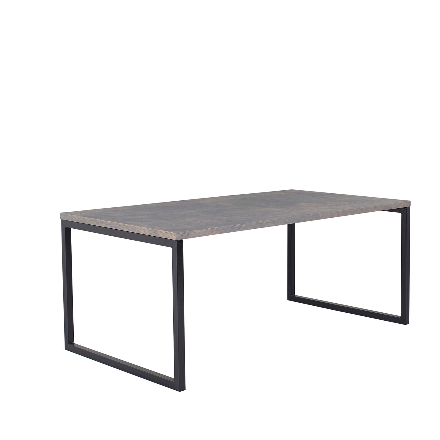 A modern, minimalist dining room table with a dark wood top and slim, black metal legs forming a sleek rectangular silhouette against a white background.