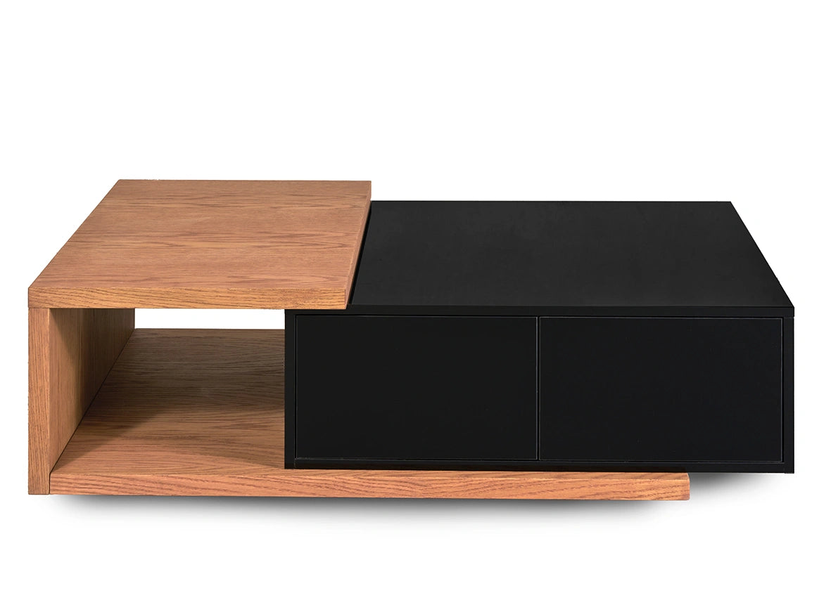 A modern wood coffee table with a warm finish and contrasting black top, featuring sleek, geometric design elements, storage drawers, and open shelving space for versatility and style in a contemporary living room (front view)