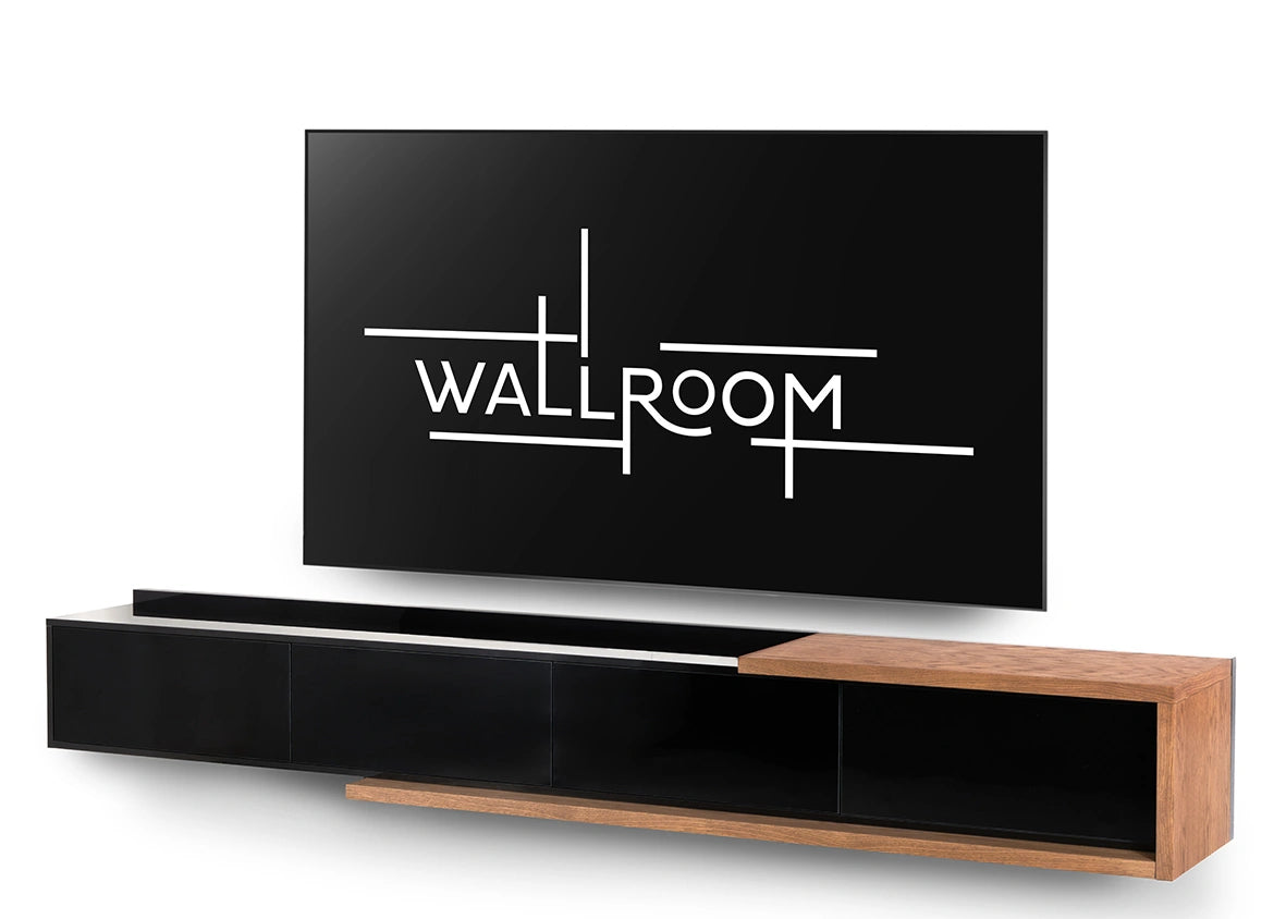 A modern living space featuring a sleek black floating tv media console with a wooden accent and a wall-mounted plasma tv. (side view)