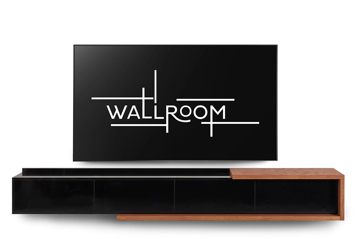 A modern living space featuring a sleek black floating tv media console with a wooden accent and a wall-mounted plasma tv. (front view)