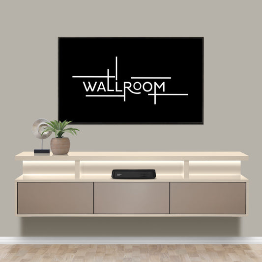 A modern living room setup featuring a sleek television unit with ample storage, including a minimalist floating TV shelf, drawers, LED Strip Lights and a decorative plant, all beneath a large, wall-mounted flat-screen tv