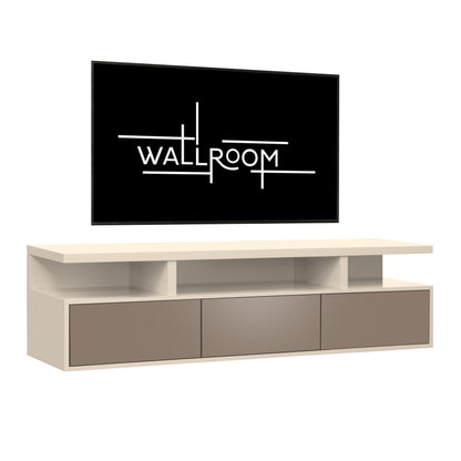 A modern living room setup featuring a sleek television unit with ample storage, including a minimalist floating TV shelf, drawers, LED strip lights beneath a large, wall-mounted flat-screen tv (side view)