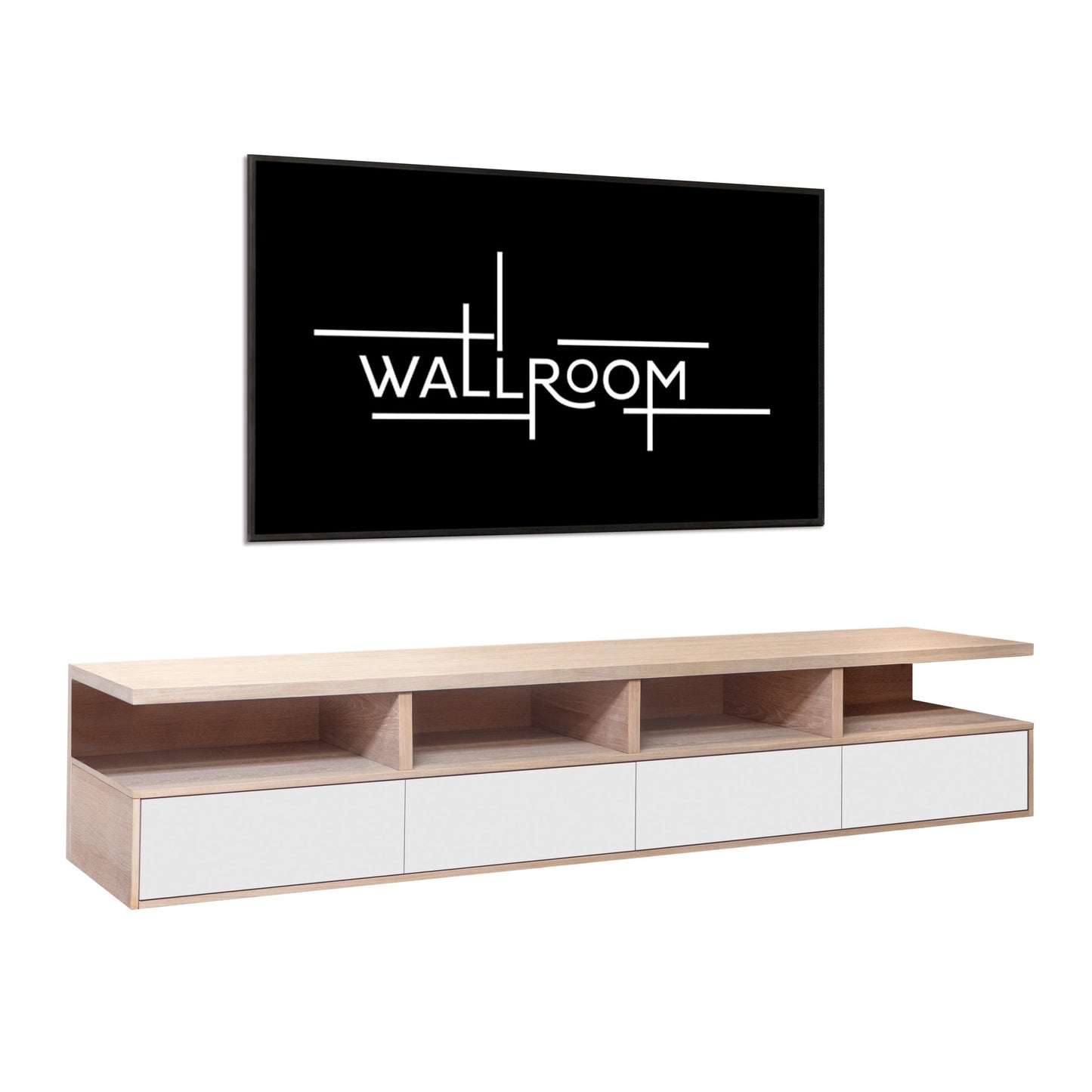 A modern living room interior features a sleek floating TV shelf with ample storage, including open shelves and white drawers, a mounted plasma (side view)