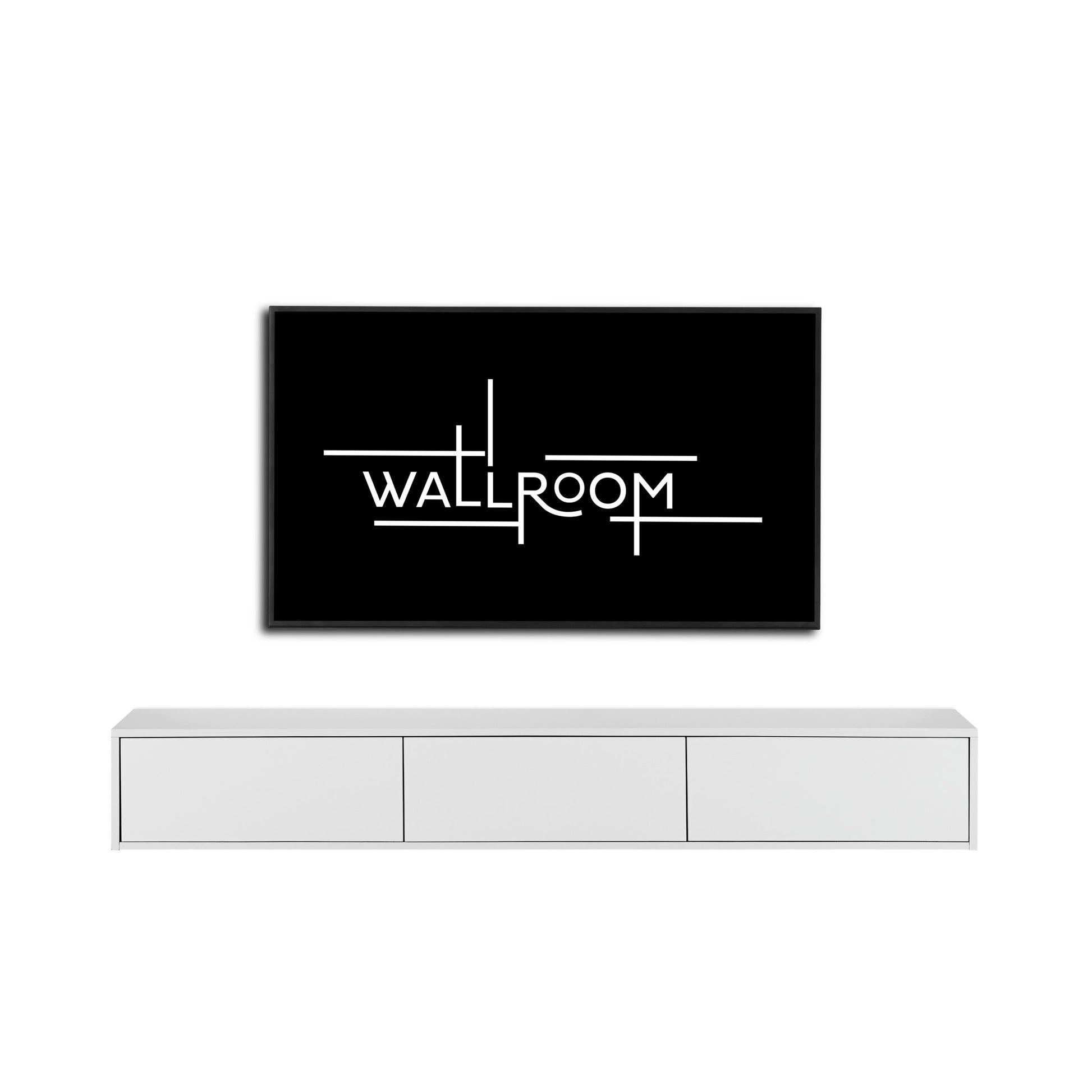 A modern living space with a sleek white floating tv shelf under a wall-mounted tv, accompanied creating a minimalist aesthetic. (front view)