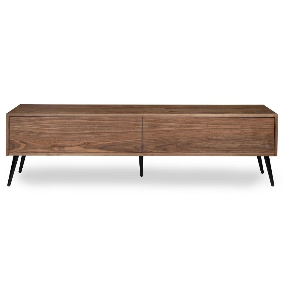 A sleek, mid-century modern style walnut wood TV stand with a minimalist design, featuring two hidden drawers and thin, angled legs (front view)