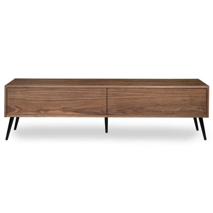 A sleek, mid-century modern style walnut wood TV stand with a minimalist design, featuring two hidden drawers and thin, angled legs (front view)