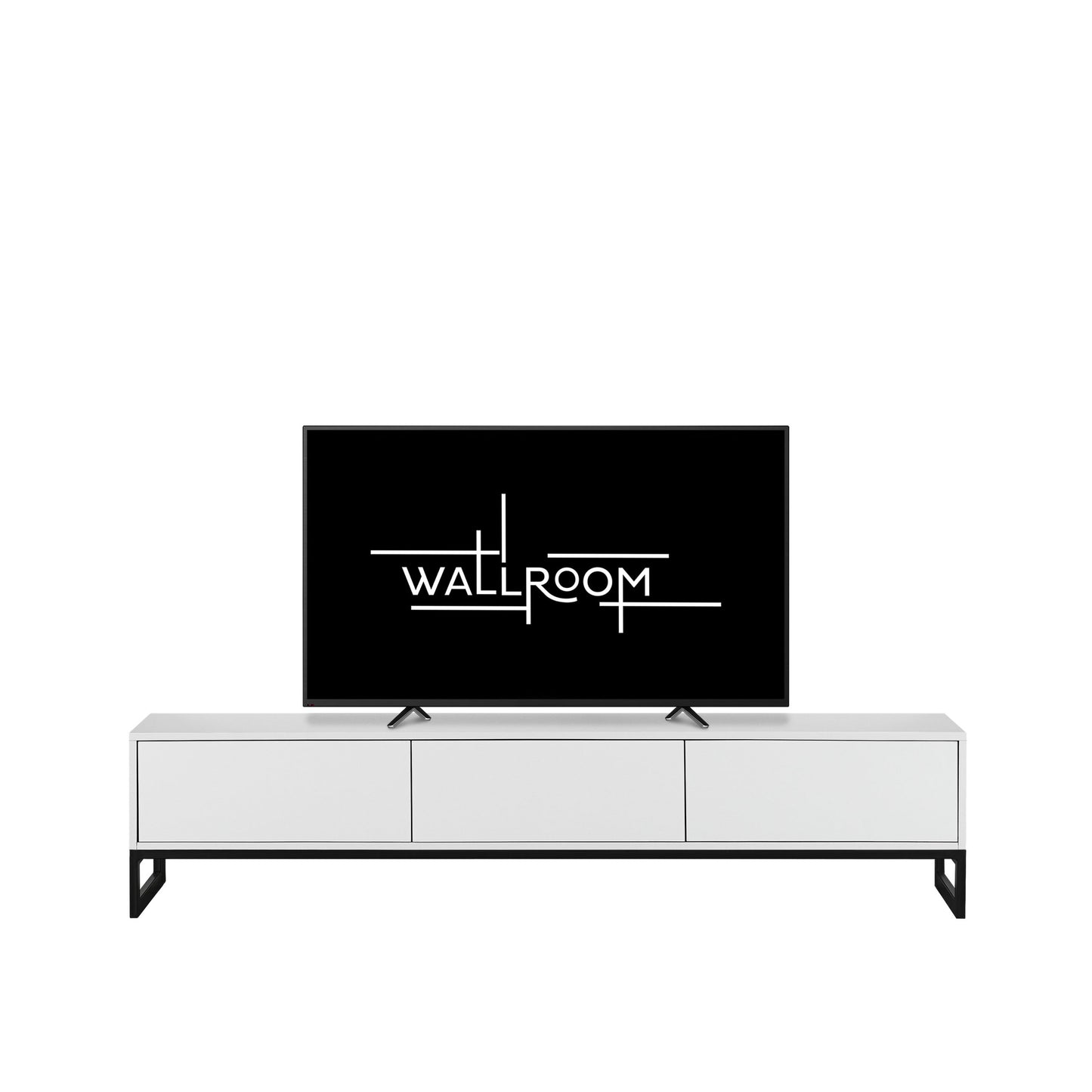 A modern living room setup featuring a sleek white media console with a flat-screen TV (front view)