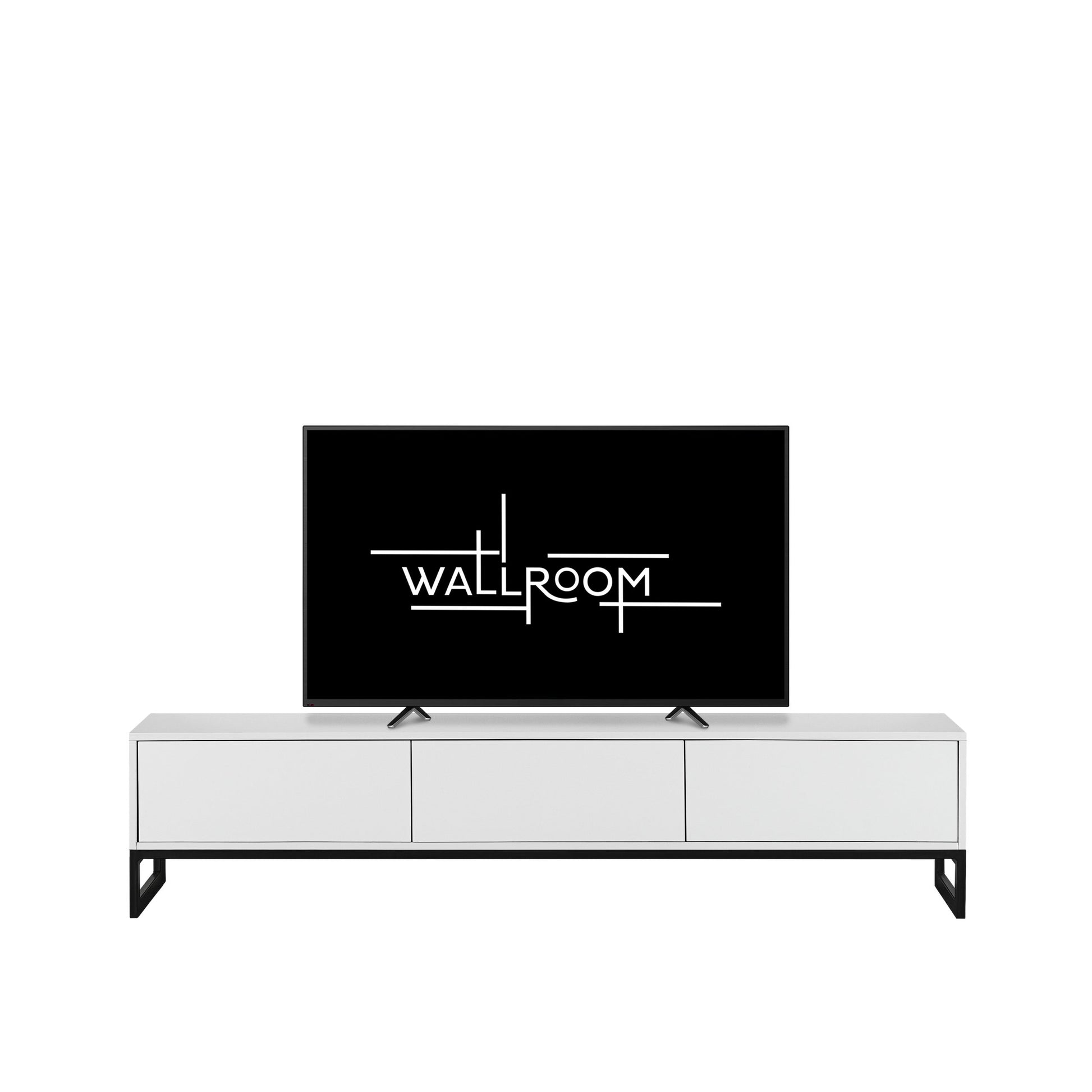 A modern living room setup featuring a sleek white media console with a flat-screen TV (front view)