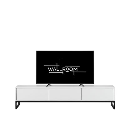 A modern living room setup featuring a sleek white media console with a flat-screen TV (front view)