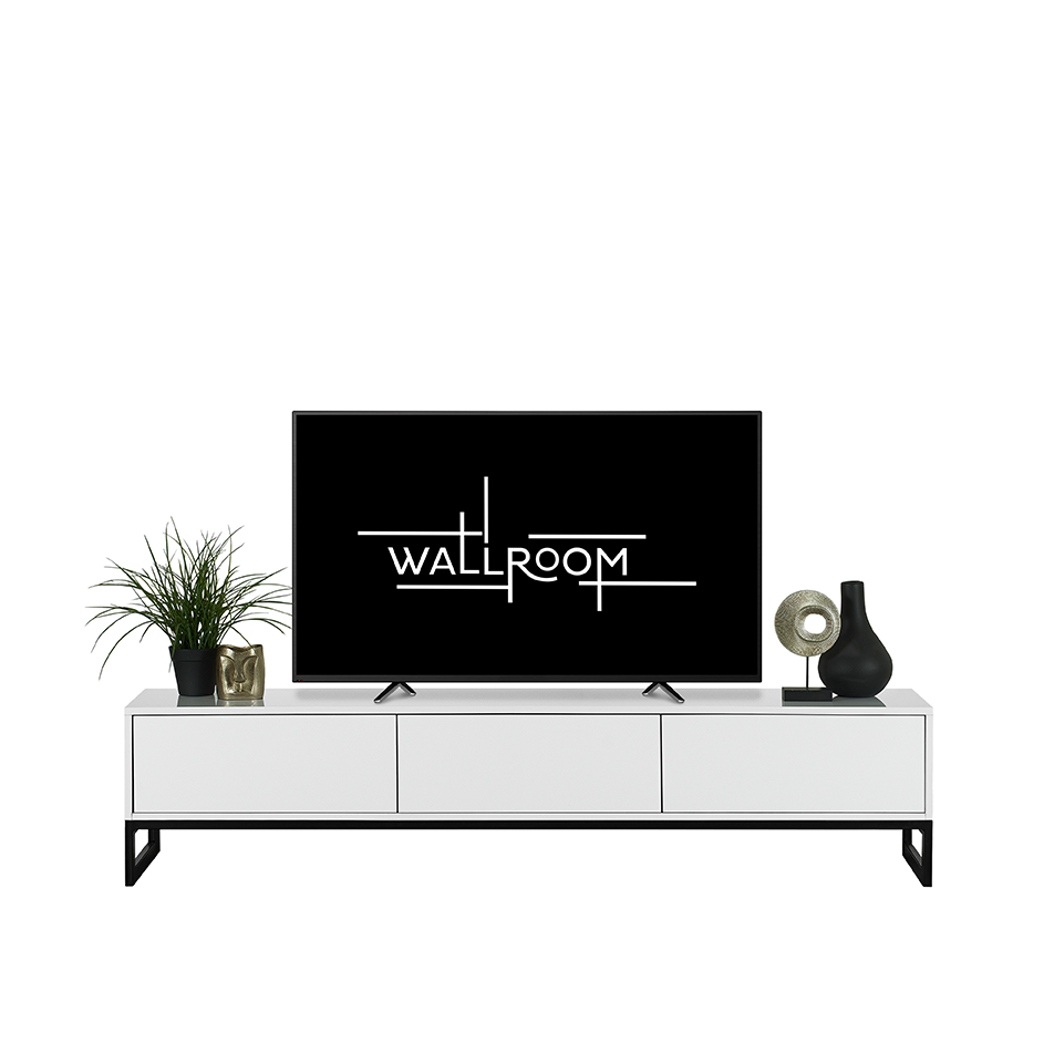 A modern living room setup featuring a sleek white media console with a flat-screen TV flanked by decorative plants and elegant vases.