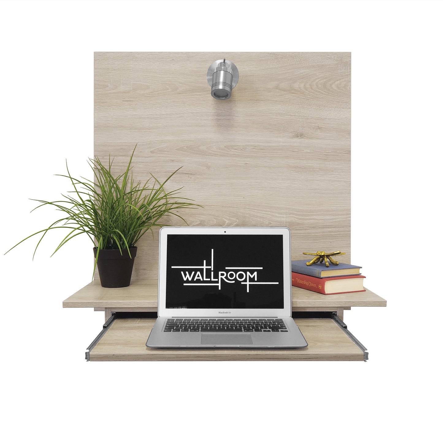 A modern minimalist fold-away floating wall-mounted desk setup with an open laptop, a green potted plant, and a neat stack of red and yellow books to the side