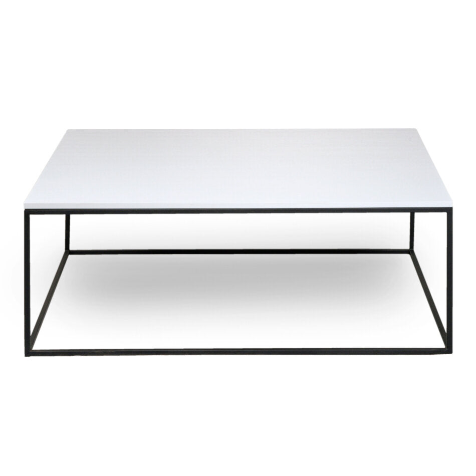 A modern minimalist side table with a black metal frame and a sleek, white tabletop (front view)A modern minimalist side table with a black metal frame and a sleek, white tabletop (front view)