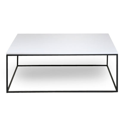 A modern minimalist side table with a black metal frame and a sleek, white tabletop (front view)A modern minimalist side table with a black metal frame and a sleek, white tabletop (front view)