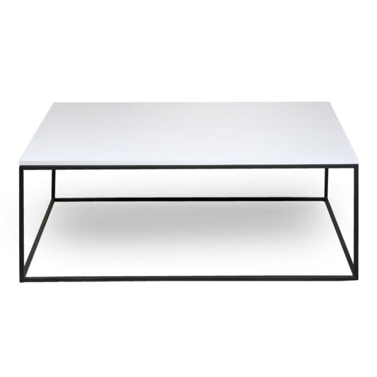 A modern minimalist side table with a black metal frame and a sleek, white tabletop (front view)A modern minimalist side table with a black metal frame and a sleek, white tabletop (front view)