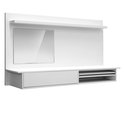 A modern minimalist floating dressing table setup, and a mirror and sleek white shelf at the top of the unit (side view)