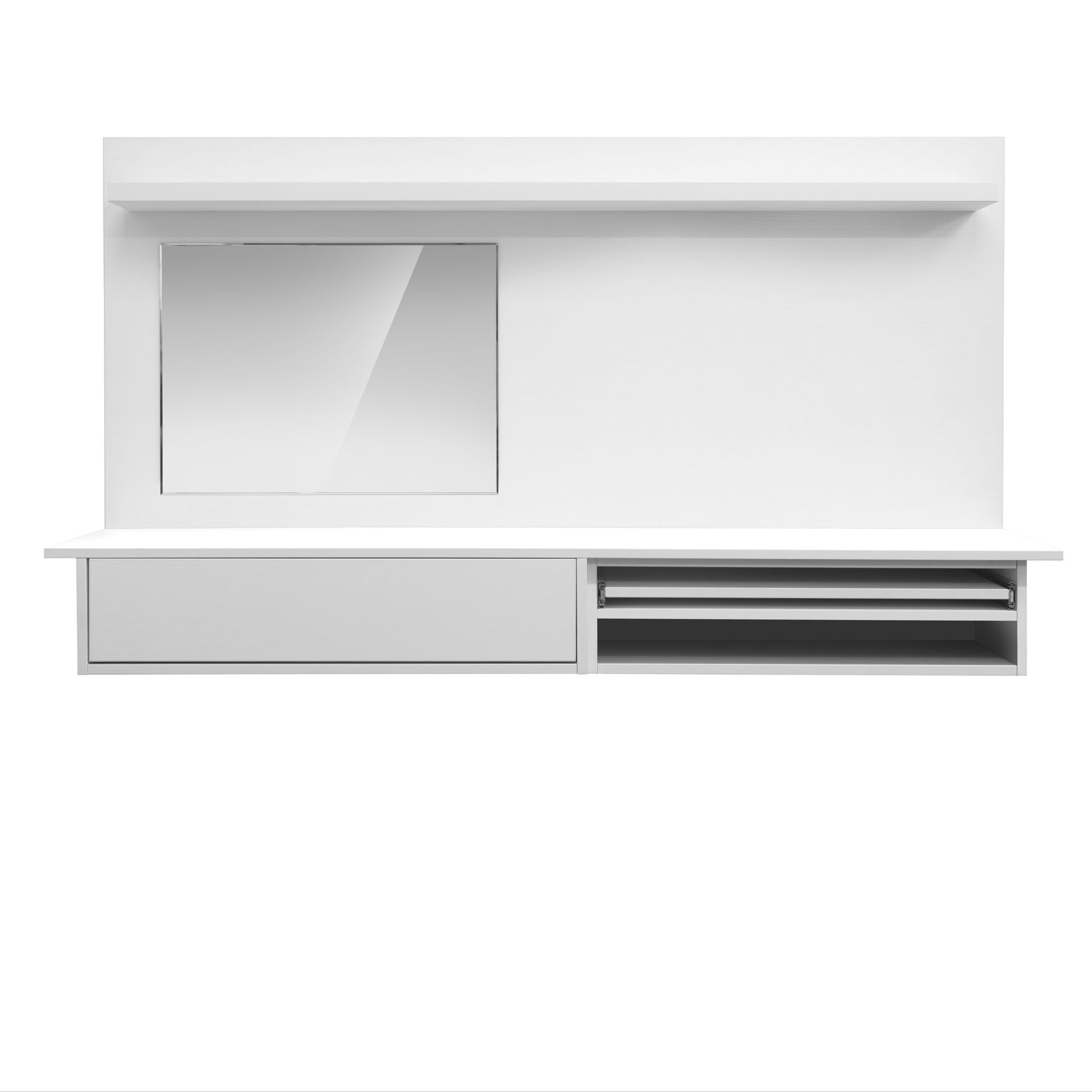 A modern minimalist floating dressing table setup, and a mirror and sleek white shelf at the top of the unit (front view)